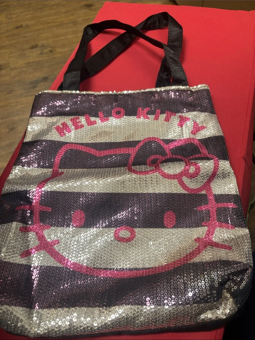 Vintage 2012 Hello Kitty Silver & Pink Sequin Striped Tote